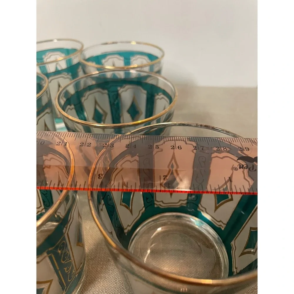 MCM Federal Teal Gold Diamond Rocks whiskey Glasses Set of‎ 7 Hollywood Regency